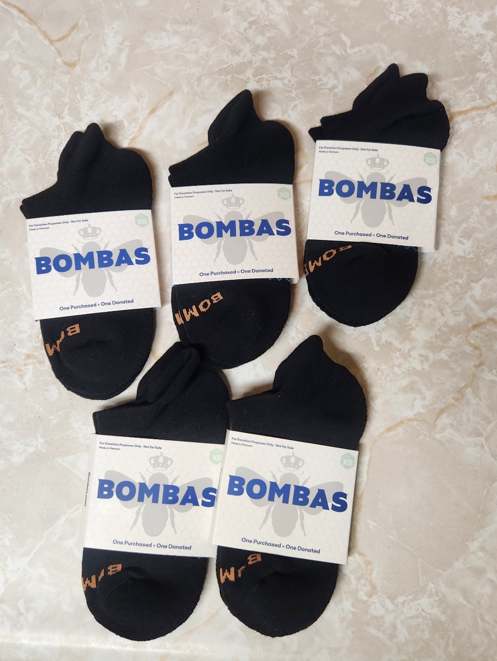 5 Pr XS Bombas Kid Size 2-8 Ankle Sock Black Blister Tab Antimicrobial Honeycomb